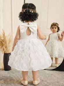 Baby Girls' Elegant Bowknot Back Embroidered Ruffle Hem Dress, White - White - View 5