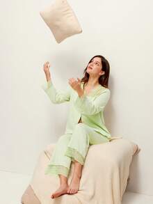 LUVLETTE Soft 100% Pure Cotton Lace Trim Button-Up Top & Pants Loungewear Pajama Set Pyjama - Mint Green - View 2