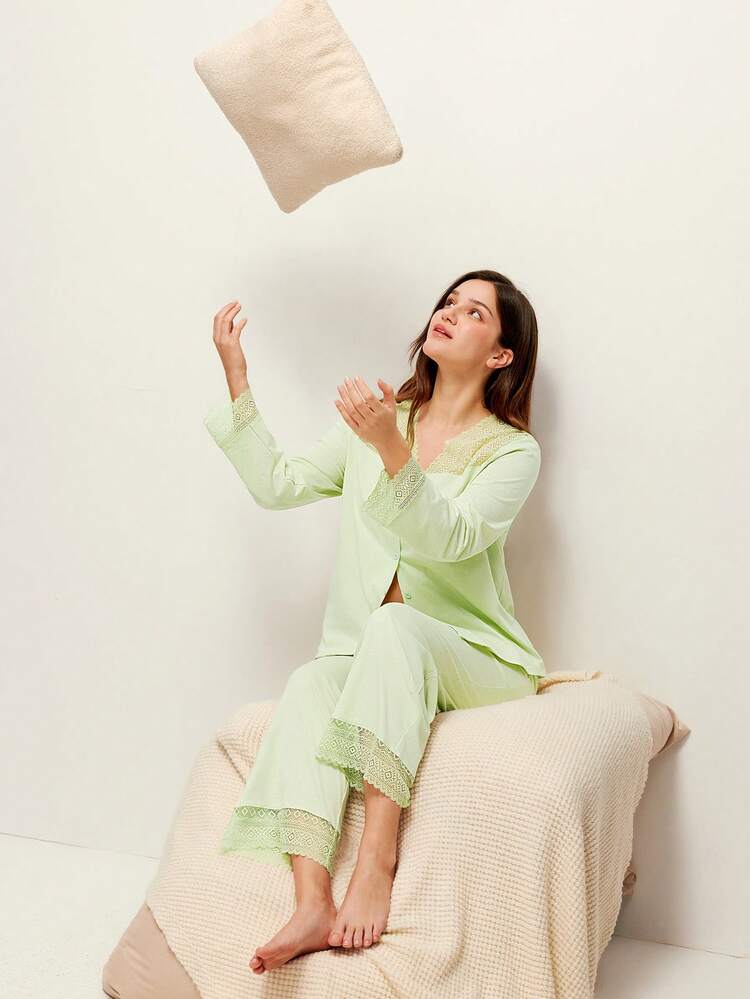 Soft 100% Pure Cotton Lace Trim Button-Up Top & Pants Loungewear Pajama Set Pyjama Cotton Pajamas