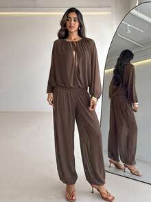 Aloruh Women's Elegant Sexy Fashionable High-End Romantic Date Beach Vacation Sheer Deep V Waist Tie Long Sleeve Mesh Lantern Jumpsuit, Spring/Summer - Brown - View 1