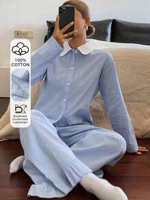 DAZY Women's Contrast Color Collar Patchwork Polka Dot Fabric Ruffle Trim Pajama Set - Blue - View 5