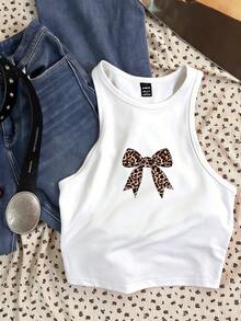 Attitoon Áo tank top nữ ngắn cổ tròn màu hồng, kiểu dáng retro dễ thương, họa tiết da báo thắt nơ, thích hợp cho mùa hè. - trắng - Xem 3