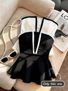 Franclia Women's Contrast Trim Elegant Peplum Bandeau Top - Black - View 6