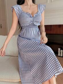 DAZY 女士优雅印花短袖中长连衣裙，夏季 - 藍色 - 查看 6