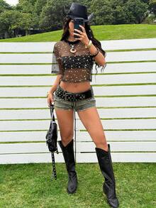 SHEIN EZwear 女士黑色金箔星形网纱圆领短袖露脐上衣 - 黑色 - 查看 5