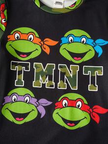 TEENAGE MUTANT NINJA TURTLES | SHEIN Young Boy Cartoon Green Camouflage Cute Casual Short Sleeve T-Shirt And Leggings Pajama Set - Black - View 6