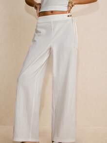 Poéselle Quần ống rộng màu trắng 100% cotton, quần hè cạp cao, kiểu dáng suông thoải mái, thanh lịch dành cho nữ, quần trắng trơn cạp chun thoải mái phù hợp mặc hàng ngày, quần kiểu Pháp, quần đi biển trắng mới năm 2026, quần trắng nữ, quần ống rộng trắng, quần trắng nữ, quần vải lanh trắng. - trắng - Xem 5
