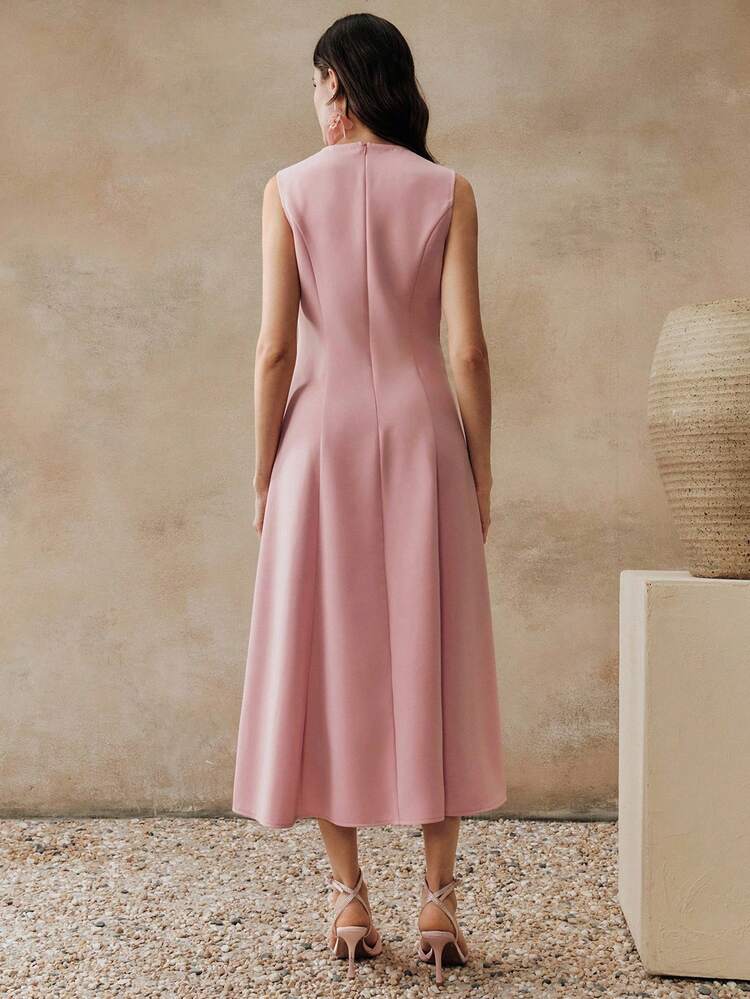 Women's Pink Mid-Length Dress, Elegant Embroidered Fabric Patchwork Dress, Suitable For Party, Music Festival, Light Formal Wear