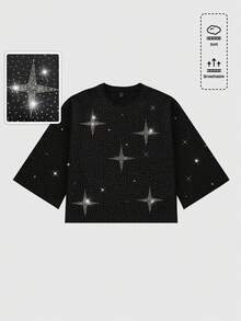 ROMWE MEN 男士圆领时尚夏季百搭闪亮钻石短袖T恤 - 黑色 - 查看 5