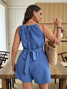 Weeklong 大码女士优雅系带腰身印花连体裤，A字褶皱下摆短裤，适合毕业典礼、节日、情人节、音乐节、母亲节、万圣节、感恩节、复活节、国庆节、舞会、约会、派对、婚礼、户外活动等场合。曲线连体裤，短款连体裤，休闲连体裤，蓝色连体裤，女士吊带连体裤，女士度假套装，女士连体裤，女士连身裤，夏季女士夏季服装，女士连体裤，牛仔连体裤，短款女士连身裤。 - 藍色 - 查看 2