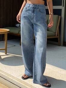 DAZY 休闲水洗水钻直筒女式牛仔裤 - 藍色 - 查看 4