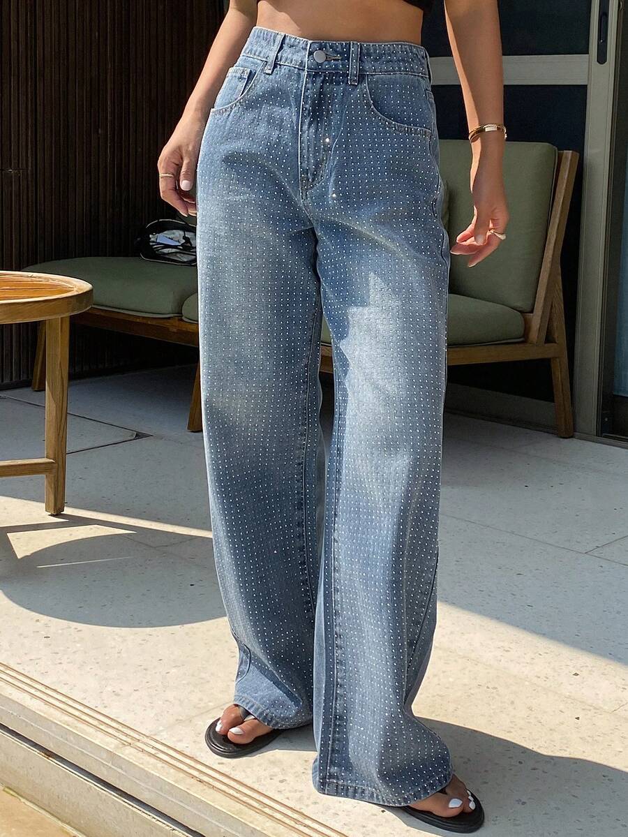 DAZY 休闲水洗水钻直筒女式牛仔裤 - 藍色 - 查看 1