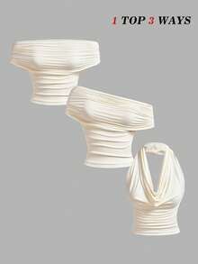 SHEIN MOD 女士夏季休闲优雅百褶纯色上衣和半裙两件套 - 杏色 - 查看 5