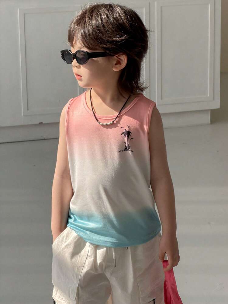 Young Boy Ombre Palm Tree Print Casual Sleeveless Tank Top