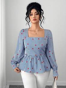 SHEIN Elenzya Plus Size Women's Square Collar Blue & White Striped Red Heart Print Waist Cinched A-Line Long Sleeve Shirt,Elegant Autumn Everyday Commuting Style - Blue - View 4