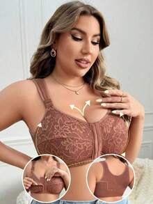 1pc Elegant & Comfortable Lace Patchwork Front Closure Plus Size Bra, Adjustable Shoulder Straps - Brown - View 5