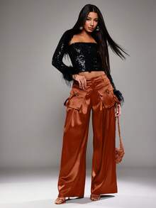 NYA SZN Pant High Rise Cargo Pocket Wide Leg Flowy Loose Winter Satin Brown Business Casual Event Special Occasion Luxury Outfits For Women - Rust Brown - View 3