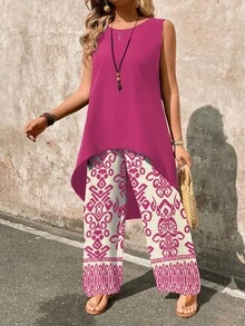 EMERY ROSE 2pcs/Set Paisley Print Sleeveless Top And Wide Leg Pants Set - Hot Pink - View 3