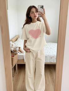 少女休闲宽松简约圆领短袖长裤睡衣套装，适合春夏穿着 - 彩色 - 查看 4