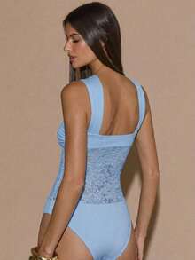 SHEIN BAE 女士性感蕾丝拼接抹胸连体衣，适合夜店派对、鸡尾酒会、日常穿着、节日、假期、万圣节、圣诞节等场合。 - 淺藍色 - 查看 2