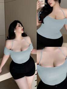 Vibekara Plus Size Solid Color Spaghetti Strap Off Shoulder Fitted Summer Women Tank Top - Baby Blue - View 1