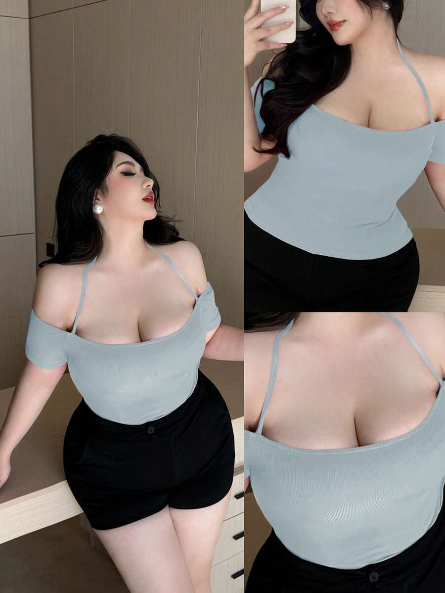 Vibekara Plus Size Solid Color Spaghetti Strap Off Shoulder Fitted Summer Women Tank Top - Baby Blue - View 1