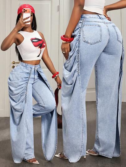 BamGleam Women's Casual Pleated Loose Denim Jeans