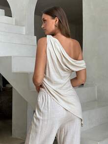 Aloruh Áo kiểu nữ mùa xuân/hè mới, vai lệch, chất liệu vải lanh, vạt áo bất đối xứng với thiết kế phối dải vải dệt, trang phục nghỉ dưỡng thường ngày thanh lịch dành cho nữ, đồ đi biển cho nữ, kỳ nghỉ hè. - Màu be - Xem 3