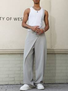 Manfinity EMRG Men's Solid Color Loose Wrap-Around Fashionable Summer Versatile Bib Pants - Grey - View 7