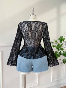 SHEIN EZwear 大码撞色甜心领蕾丝拼接长袖T恤 - 彩色 - 查看 2