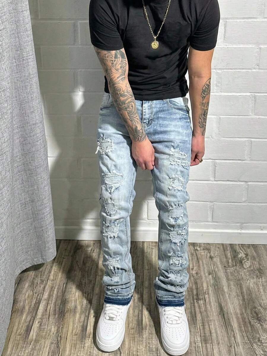 Manfinity EMRG Men's Light Blue Distressed Patch Horseshoe Slim Fit Flared Jeans Mens Ripped Jeans Streetwear Jeans - Light Wash - View 1