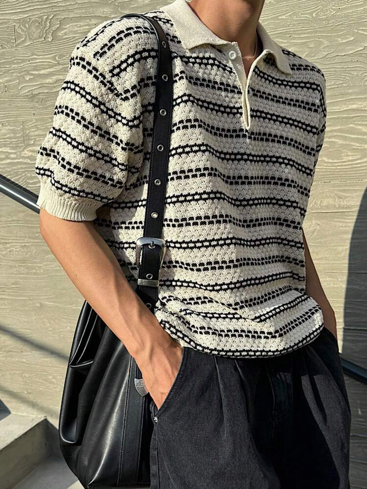 Men's Striped Jacquard Polo Collar Short Sleeve Knit Top, Summer