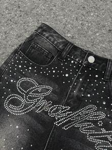 SHEIN Tween Jungen Mode Homecoming Streetwear Mix und Match vielseitiges Design Vintage cool Straße locker und bequem cool und erfrischend glänzend Buchstaben-Stil mit eingebetteten Strass Streetwear schwarze Jeans-Shorts für den täglichen Gebrauch und Frühling bis Sommer Rave Festival und Streetwear - Schwarz - Übersicht 2