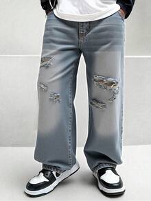 Tween Boys Jeans,Light Blue,Vintage Mid-Blue Denim,Summer,Rock,School,Back-To-School,Collegiate Streetwear,Slim Fit,Crinkled Cat Whisker,Cotton Pants - Medium Wash - View 3