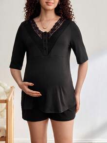 Moonlight&Mama 蕾丝拼接舒适休闲家居服套装，易于穿着，适合哺乳期和孕期女性 - 黑色 - 查看 4