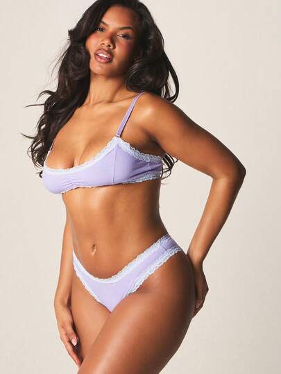 MISSGUIDED Lace Trim Bralette And Brief Set With Delicate White Trim Intimate Lingerie Matching Two Piece Underwear