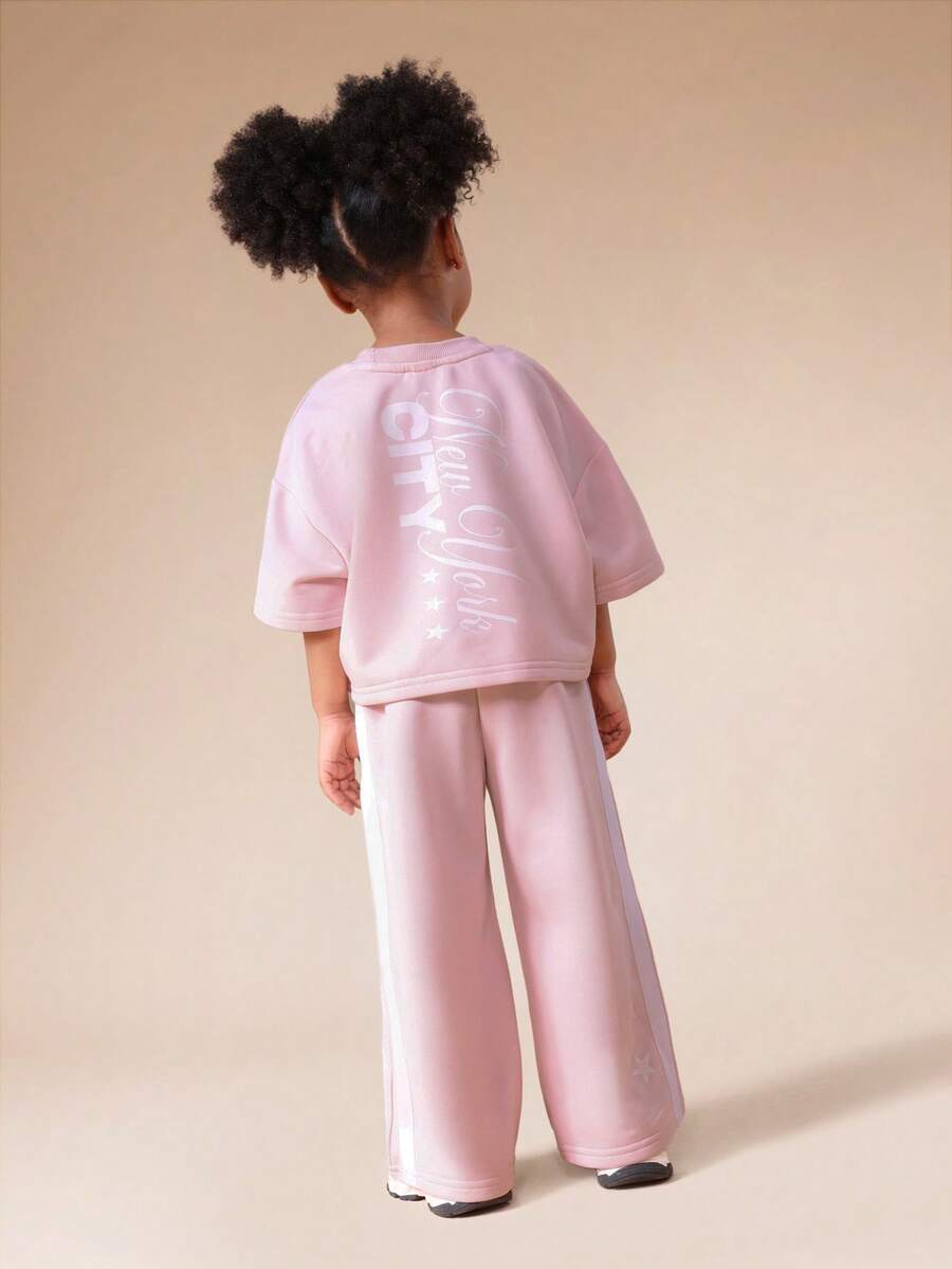 SUMWON Conjunto de dos piezas para niñas, camiseta de manga corta con pantalones de pierna ancha de tiro alto, conjunto casual y cómodo para primavera y verano - Rosa - Ver 1