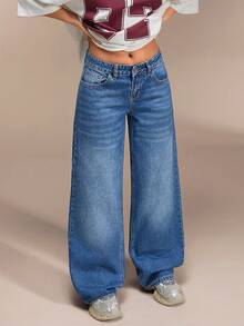 SHEIN Quần jean ống rộng túi chéo - Rửa trung bình - Xem 6