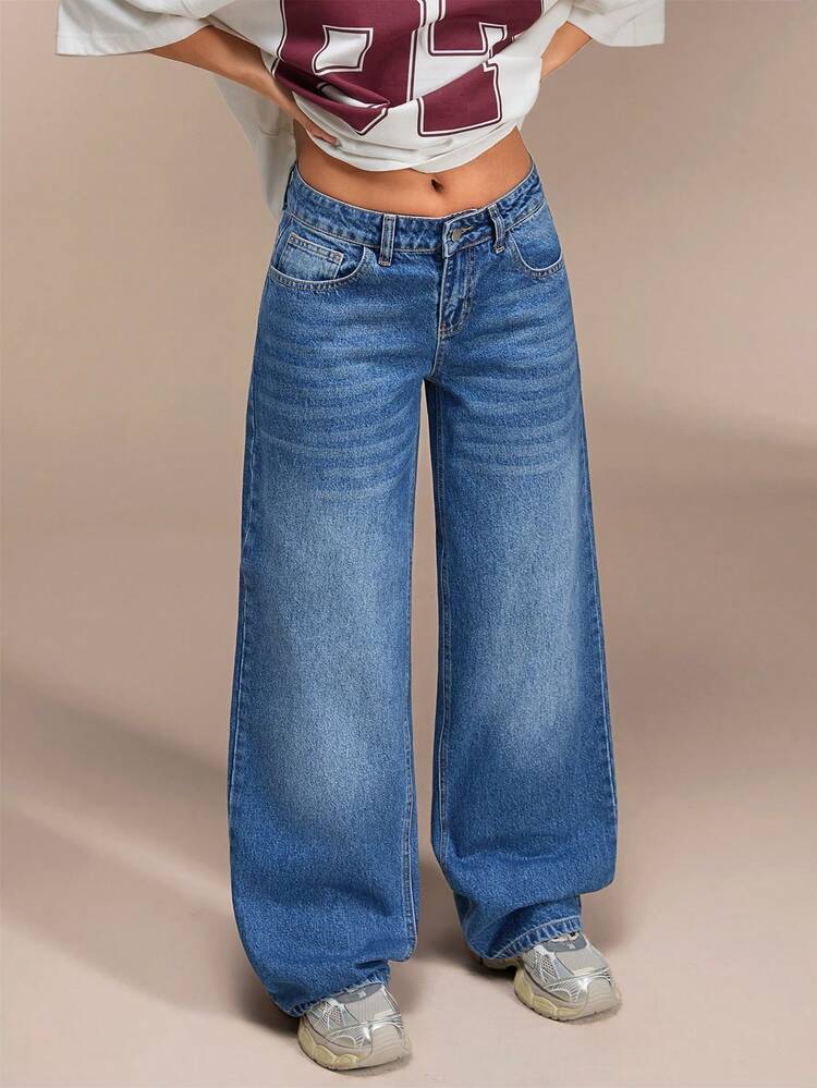 SHEIN 斜插口袋阔腿牛仔裤 - 中等水洗藍 - 查看 6