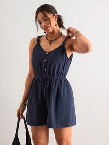 Freevana 100%纯棉加大码女式纹理纽扣装饰弹力腰带夏季简约休闲连体裤女式连身短裤女式亚麻连体裤舒适连身裤女式连体裤夏季连身裤女式连身裤 - 藏蓝色 - 查看 4