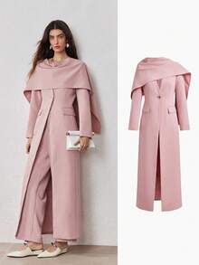 ZEYLAH Long V-Neck Shawl Collar Cinched Waist Fitted Jacket, Spring - Pink - View 1