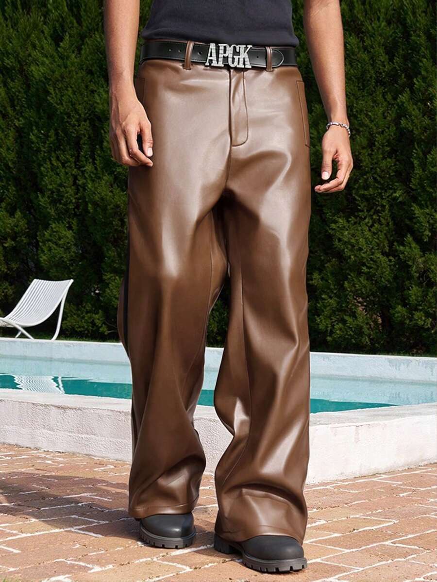 Manfinity EMRG 男士黑色PU皮裤，休闲百搭时尚直筒裤 - 棕色 - 查看 1