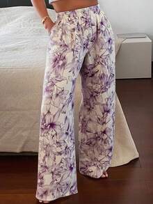 DAZY Pantaloni pigiama a gamba dritta e ampia con stampa floreale, per donne, primavera e autunno - Viola - Visualizzare 4