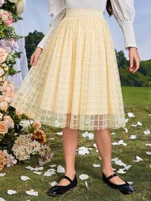 SHEIN Tween Girl Elegant Vacation High Waist Plaid Mesh Skirt With Lining - Apricot - View 6