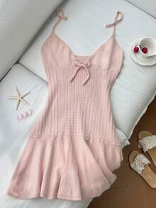 Elamini Women's Casual Cute Beach Vacation Halter Ribbed Twist Patchwork A-Line Mini Knit Dress, Spring/Summer - Baby Pink - View 4