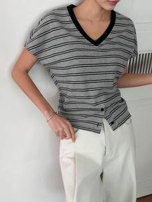 DAZY 女士夏季短袖条纹V领收腰休闲优雅T恤 - 黑色 - 查看 6