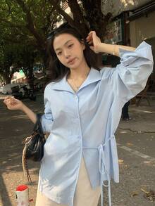 FRIFUL Camisa suelta de unicolor con cuello regular y cordón en la cintura para mujer - Azul - Ver 2