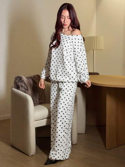 Abrilcols 女士波点斜肩宽松卫衣和运动裤套装，秋冬