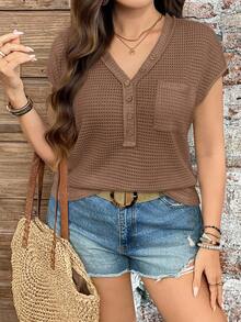 SHEIN LUNE Plus Size Women Casual Solid Color Crochet Textured Buttoned Cami Top Summer Outfits For Women Summer Clothes Cute Summer Tops - Camel - View 4