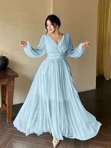 Vibekara 浪漫V领露背长袖连衣裙，飘逸优雅的希腊风格白色女神礼服 - 淺藍色 - 查看 1